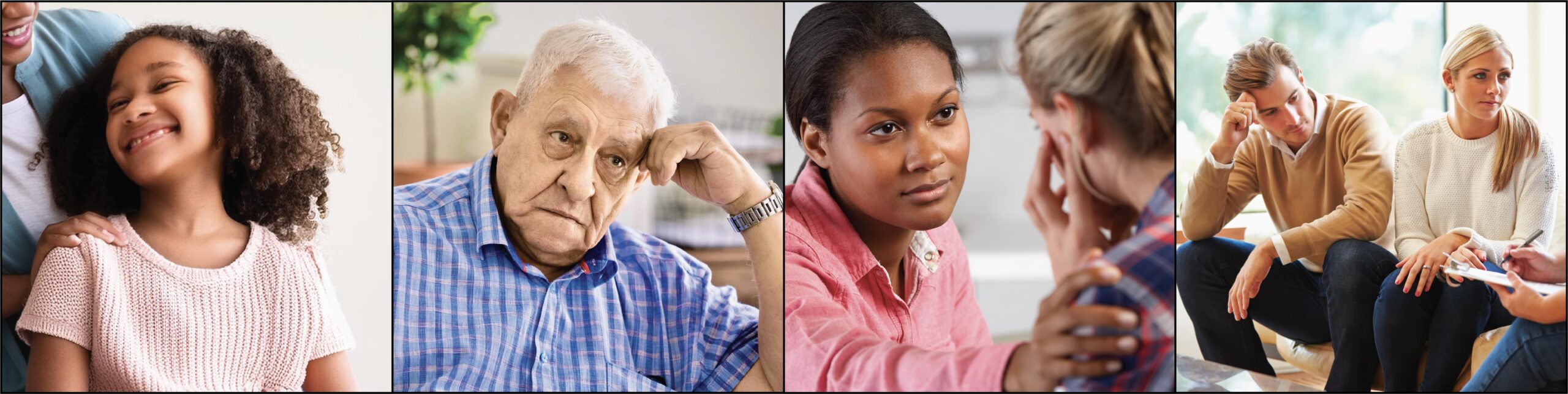 Four scenes showing a child with a parent, an older adult, a supportive conversation, and a couple in counseling.